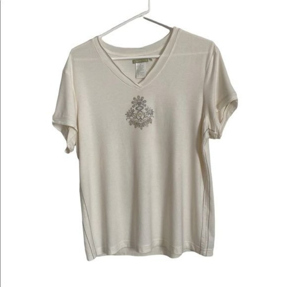 Green Tea Short Sleeve Top Large VNeck Cream Color